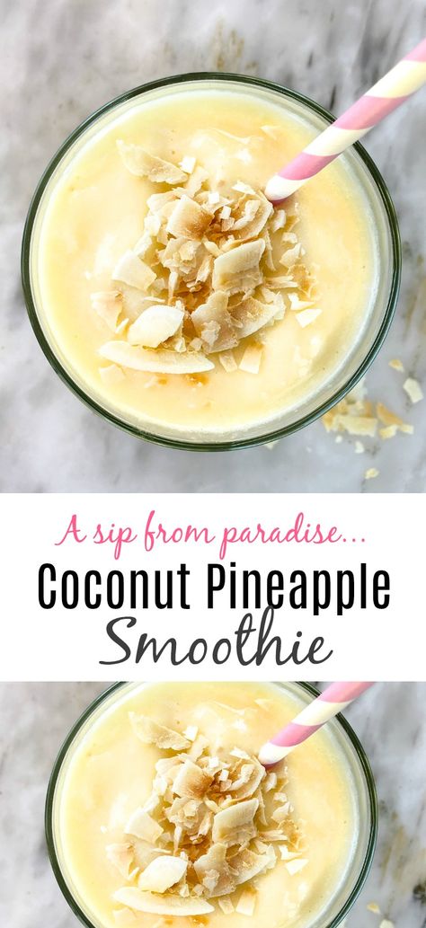 Pineapple Coconut Smoothie: a simple and healthy breakfast or snack that will taste like a vacation in every sip.Coconut Pineapple Smoothie: Every Sip is Like Taking a Vacation | 31Daily.com #coconut #pineapple #smoothie #summer #31Daily Pineapple Coconut Smoothie, Banana Apple Smoothie, Coconut Smoothie, Pineapple Smoothie, Pineapple Coconut, Mango Smoothie, Exotic Food, Strawberry Smoothie, Banana Smoothie