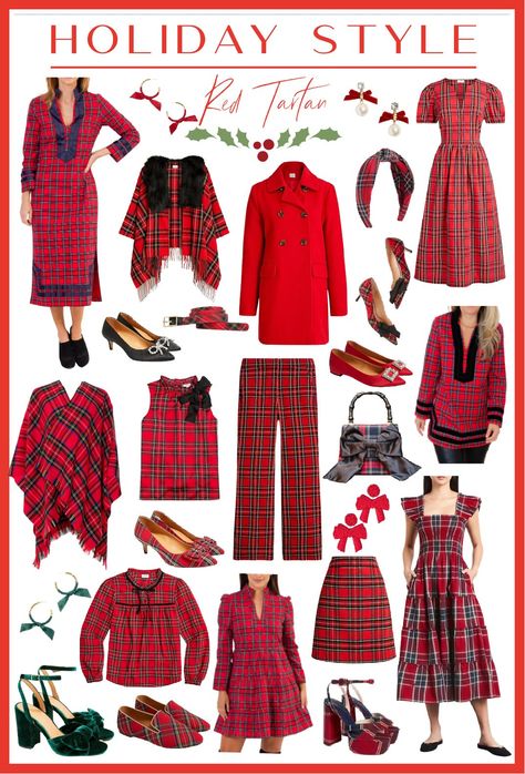 Tartan Clothing For Women, Tartan Shoes Outfit, Holiday Style 2023, Tartan Dresses For Women, Tartan Christmas Outfit, Tartan Plaid Outfit Women, Red Style Outfit, Red Tartan Skirt Outfit, Tartan Fashion Women