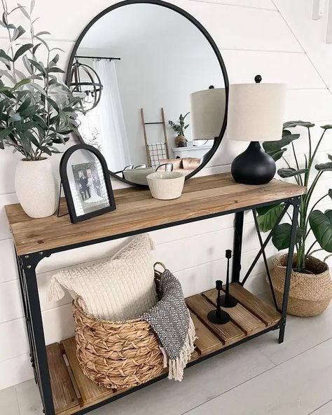 16 beautiful modern farmhouse entryway ideas for a cozy home - Astrapearl Black White Grey Farmhouse Living Room, Entryway Table Decor Neutral, Accent Side Table Living Room, Rustic Entryway Table Decor, Simple Entryway Table Decor, Minimal Entryway Table, Farmhouse Entryway Table Decor, Farmhouse Sideboard Decor, Modern Farmhouse Entryway Ideas