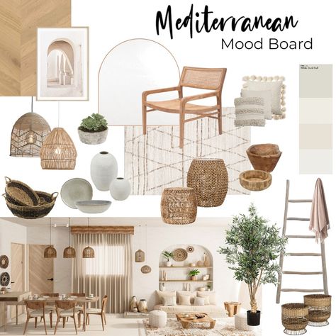 Vintage Moodboard Interior, Living Room Decor Mediterranean, Interior Design Boho Modern, Mediterranean Modern Interior Design, Mediterranean Japandi, Mediterranean Moodboard Interior Design, Mediterranean House Interior Living Room, Modern Mediterranean Interior Design Mood Board, Mediterranean Living Room Design