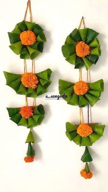 Pooja Setup, Ganpati Decoration Theme, Paper Flower Garland, Flower Garland Diy, Mango Leaves, Mandir Decoration, Home Flower Decor, Ganpati Decoration At Home, Diy Floral Decor