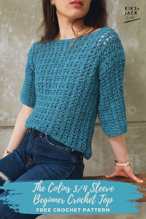 Easy 3/4 Sleeve Crochet Top Free Pattern - Kiks and Jack Crochet Crochet Tank Pattern Free, Crochet Top Free Pattern, Sleeve Crochet Top, Crochet Tunic Pattern, Crochet Tee, Crochet Sweater Pattern Free, Crochet Sweaters, Easy Crochet Pattern, Sleeve Crochet