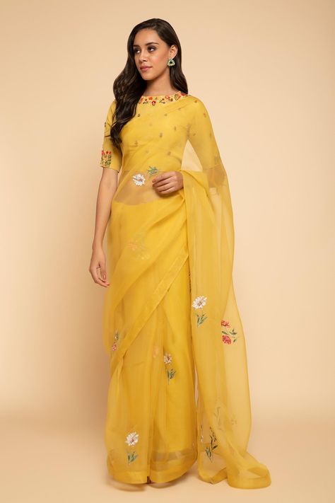 Organza Saree With Blouse, Saree Organza, Organza Blouse, Simple Sarees, Yellow Saree, Blouse Silk, Embroidered Organza, Fancy Blouses, Stylish Sarees