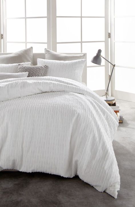 Free shipping and returns on DKNY Refresh Cotton Duvet Cover at Nordstrom.com. A tufted broken-stripe pattern adds textural contrast to the muted elegance of a sophisticated duvet cover woven from pure cotton. White Duvet Bedding, Cream And White Bedroom, Textured Duvet Cover, White Comforter, White Duvet, Bedding Duvet, White Duvet Covers, Duvet Bedding, Cotton Duvet Cover