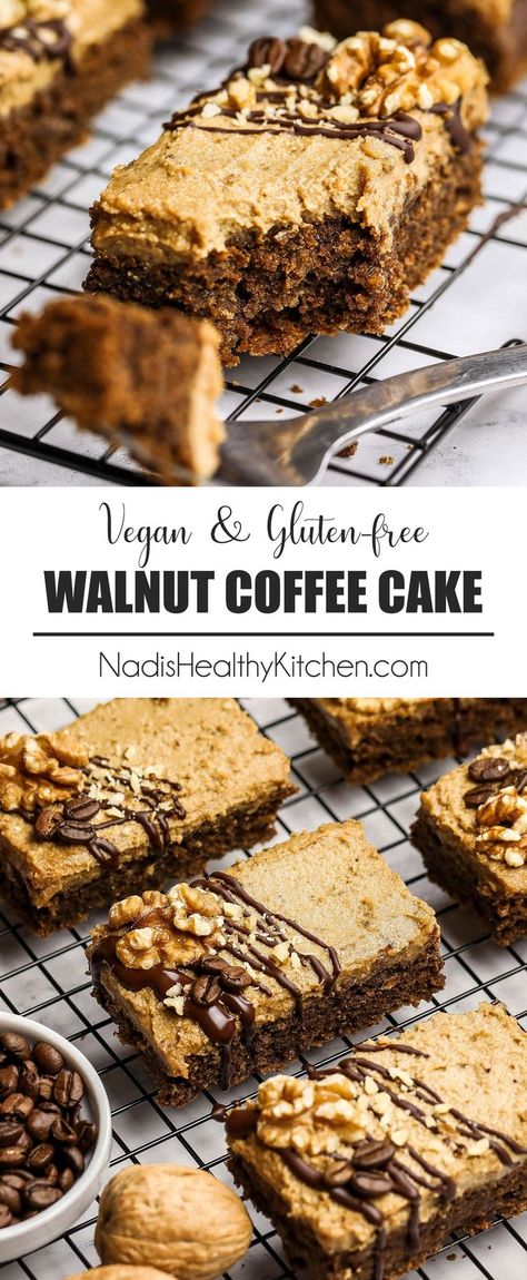 California Walnut Coffee Cake Bars #glutenfree #vegan #dairyfree #healthy #dessert #uk #british #recipe #treat #freefrom #allergy #healthydesserts #veganglutenfree #glutenfreevegan #christmas #veganchristmas #glutenfreechristmas #healthychristmas #vegancake #vegancoffeecake #glutenfreecake #walnuts #walnut #veganfrosting #oatflour #groundwalnuts #groundalmonds #coffee Coffee Cake Bars, Walnut Coffee Cake, Bars Healthy, Coffee Treats, Vegan Cake Recipes, Cake Vegan, Oreo Dessert, Cake Bars, Dinner Healthy