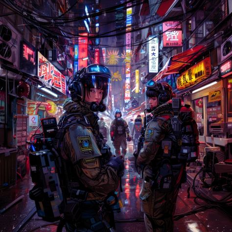 Cyberpunk support team in intervention with two women returned #police #gear #law #support #city #futurist #midjourney #cyberpunk #néon #photoshopmanipulation #digitalmanipulation #aiart #aiartcommunity #aiartcommunity #aiartist #illustration #drawing #voxraw www.instagram.com/voxraw/ www.deviantart.com/voxraw Neon, Cyberpunk, Cyberpunk Police, Police Aesthetic, Police Gear, Cyberpunk Art, Support Team, Illustration Drawing, Summer Girls