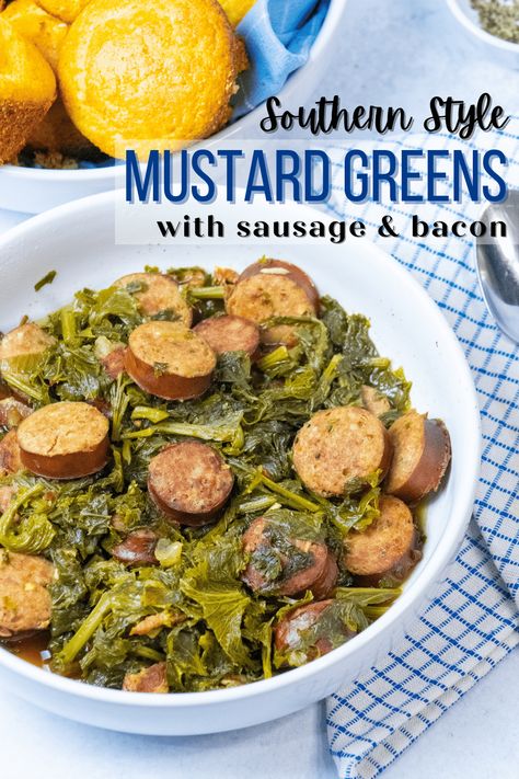 Spicy and flavorful mustard greens with seared sausage, served best with cornbread and/or rice, or as a delicious side dish! Mustard Greens Recipe Healthy, Recipes With Mustard Greens, How To Cook Mustard Greens, Mustard Greens Recipe Southern, Recipes Using Sausages, Mustard Greens Recipe, Collard Greens With Bacon, Sausage And Bacon, Southern Collard Greens