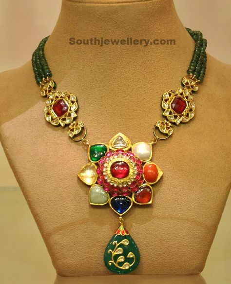 Beads Navratan Necklace photo Navratan Necklace, Latest Jewellery Designs, Perhiasan India, Jewellery Design Sketches, Gold Pendant Jewelry, Antique Gold Jewelry, Indian Jewellery Design, Diamond Jewelry Designs, India Jewelry