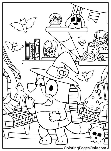 Download and print free Printable Bluey Halloween Coloring Page. You can color online or share this picture with your relatives and friends on social networks. Fall Disney Coloring Pages, Halloween Printable Coloring Pages, Bee And Puppycat Coloring Pages, Free Printable Coloring Pages Halloween, Bluey Halloween Coloring Pages, Bluey Worksheet, Halloween Bluey Party, Cocowyo Coloring Pages, Halloween Coloring Sheets Free Printable