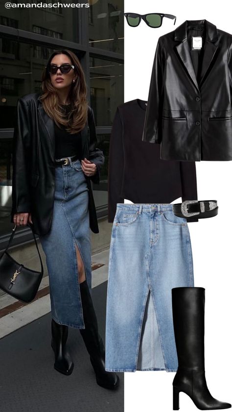 Outfits With Long Leather Skirt, How To Style Boots With Skirts, Leather Shacket Outfit Dressy, Tall Boots With Long Skirt, Long Skirt Tall Boots, Long Denim Skirt And Boots Outfit, Tall Boots Skirt Outfit, Denim Skirt With Boots Outfit, Long Denim Skirt With Boots