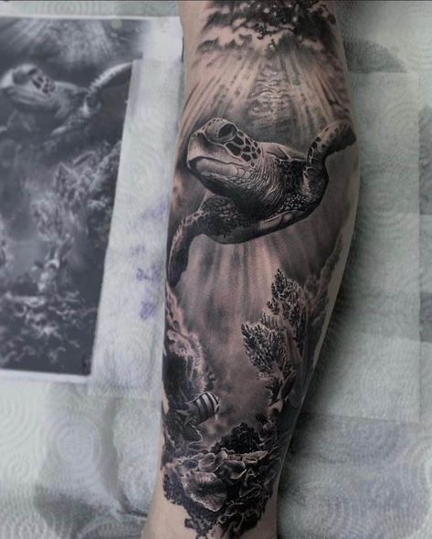 Sea Themed Sleeve Tattoo, Black And White Ocean Tattoo, Aquatic Tattoo Sleeve, Ocean Sleeve Tattoos For Guys, Ocean Leg Tattoo, Transition Tattoo, Sea Turtle Tattoo Design, Sea Tattoo Sleeve, Sea Turtle Tattoos