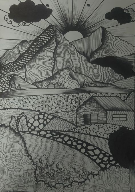 Sharpie Landscape Drawings, Drawings With Only Straight Lines, Different Types Of Lines Drawing, Elements Of Line Drawing, Line Value Drawings, Landscape Pattern Design, Landscape Doodle Art, Types Of Lines Art Drawing, Texture Element Of Art Drawings