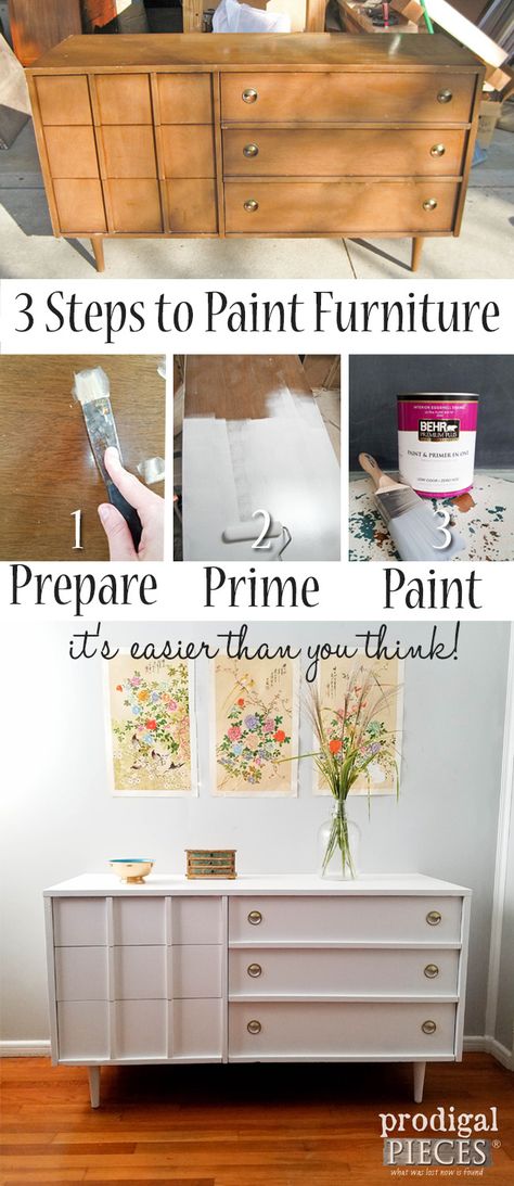 Learn how to paint wooden furniture in 3 easy steps thanks to this tutorial from Larissa, of Prodigal Pieces. Larissa shows you how to update old wooden furniture using a fresh coat of paint. She gave this mid century modern dresser a trendy DIY makeover by painting it a neutral shade of Bleached Linen. Click here to see her full DIY process. Paint Furniture, Wooden Furniture Ideas, Antiquing Furniture Diy, Cheap Living Room Furniture, Painting Wooden Furniture, Wooden Dresser, Learn How To Paint, Painting Furniture, Wood Painting