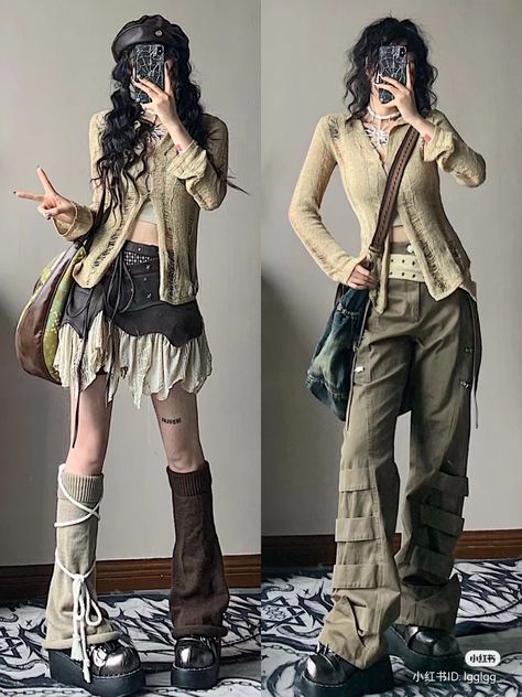 Band Top Outfits, Fantasy Grunge Outfits, Dunecore Outfits, Myspacemama Outfits, Brown Alt Outfit, Apocolypse Aethstetic Outfit, Elfcore Aesthetic Outfits, Y2k Asian Fashion, Chinese Style Outfit