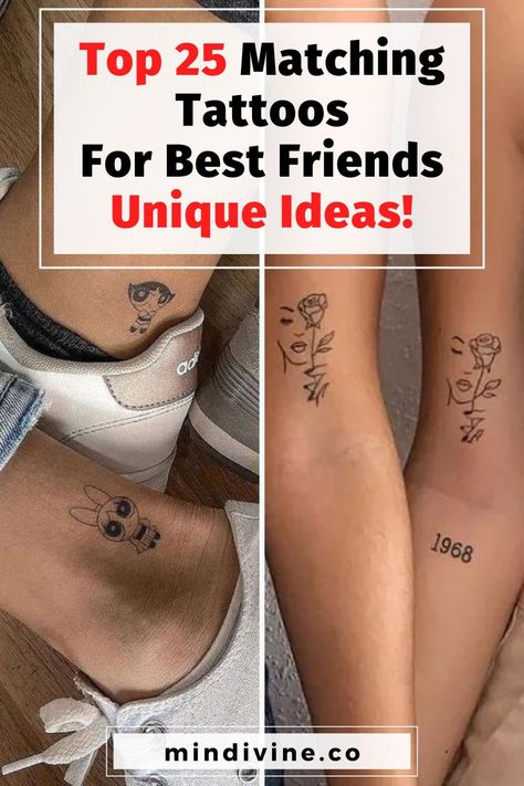 Ink your friendship with these top 25 matching tattoos for best friends! From playful to profound, these tattoos celebrate your unique bond. Perfect for best friends ready to make a lasting commitment and want a permanent reminder of their special connection. Aunt Matching Tattoos, Small Finger Tattoos For Best Friends, Alcohol Best Friend Tattoos, Minimalist Tattoo Matching Friends, Matching Bff Tattoos Creative, Cute Bff Tattoos Simple, Mini Friendship Tattoos Best Friends, Best Friend Tattoos Connecting, Tattoos For Besties Friendship