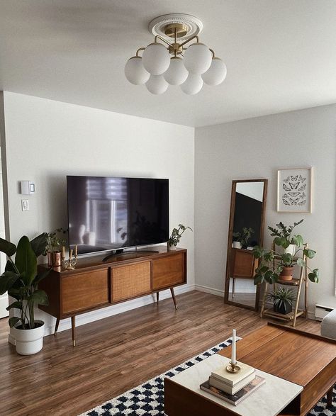 Wooden Apartment Aesthetic, Small Apartment Mid Century, Apartment Entertainment Center Ideas, Clean Modern Boho Living Room, Dark Wood Studio Apartment, Mid Century New York Apartment, Mcm Neutral Living Room, Midcentury Apartment Aesthetic, Designer Interior Home