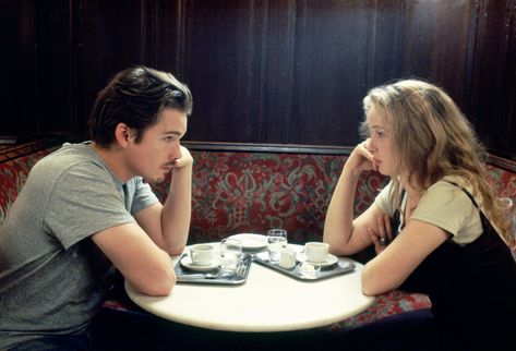 Ethan Hawke as Jesse, and Julie Delpy as Céline [Before Sunrise, 1995] Before Sunrise Movie, Before Trilogy, Julie Delpy, Septième Art, I Love Cinema, Movie Shots, Film Inspiration, Movie Couples, Before Sunset