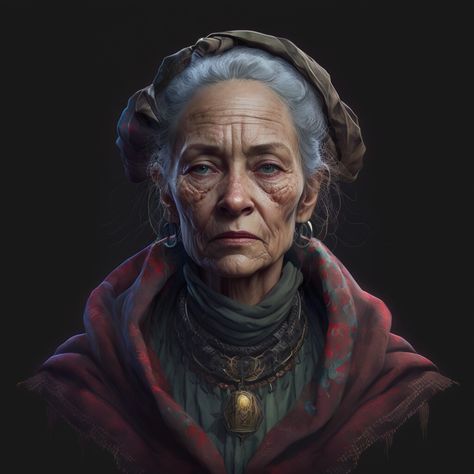 Old Woman Digital Art, Old Characters Design, Old Woman Art Character, Old Woman Concept Art, Old Women Character Design, Old Lady Concept Art, Old Druid Woman, Sweet Old Lady Character Design, Old Woman Drawing Reference