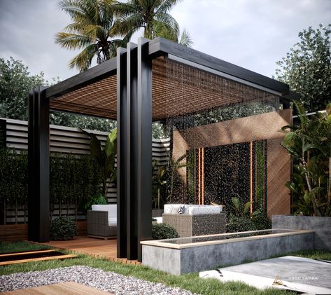 D A V I D . on Behance Black And Wood Backyard, Gazebo Modern Design, Pergola Designs Modern, Pergola Modern Design, Modern Gazebo Ideas Backyard Outdoor, Modern Pergola Designs Terraces, Pergola Patio Designs, Garden Gazebo Modern Pergola Designs, Modern Gazebo Design Outdoor