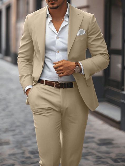 #dress Mens Work Suits, Cream Linen Suit Men, Blush Suits For Men, Tan Suit Groom, Brown Suits For Men Wedding, Champagne Groomsmen Attire, Groomsmen Attire Khaki, Men Semi Formal, Costume Beige Homme