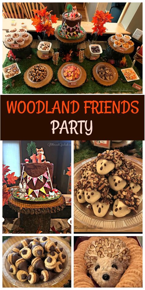 Woodland Forest Theme Party, Woodland Animal Party Ideas, Woodland Animal Birthday Party Girly, Woodland Themed Fruit Tray, Woodland Theme Treats, Woodland Animal Themed Birthday Party, Porcupine Cheeseball Woodland Party, Woodland Rice Krispie Treats, Wildlife Birthday Party Ideas