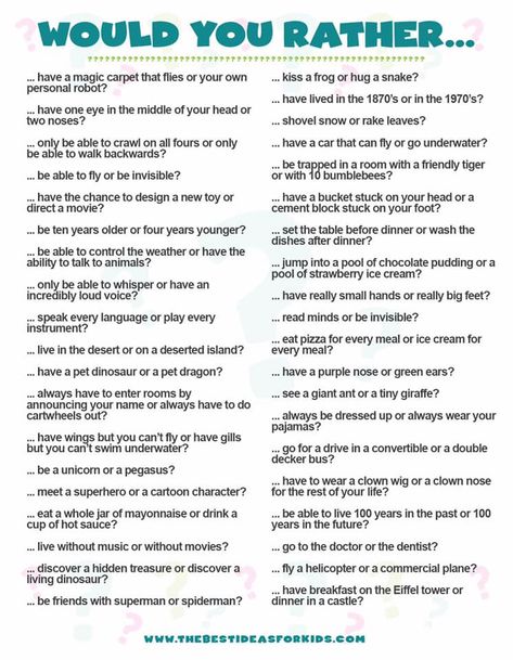 Would you rather questions for kids - a fun ice breaker game for kids! Get a free printable on the post. Uppfostra Barn, Questions For Kids, Kids Questions, Rather Questions, Would You Rather Questions, Conversation Topics, Fun Questions To Ask, Ice Breakers, Would You Rather