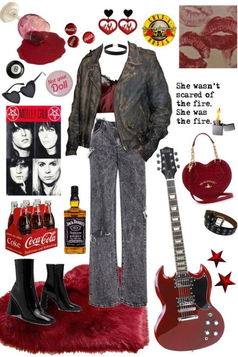 Rock Women Aesthetic, 80 Rockstar Outfit, 90s Rock Fashion 1990s, Rock N Roll Outfit Ideas, Metal Rock Aesthetic Outfit, 1980s Rock Fashion Women, Rock N Roll Clothes, Rock And Roll Aesthetic Outfit 80s, Rockstar Gf Party Outfit