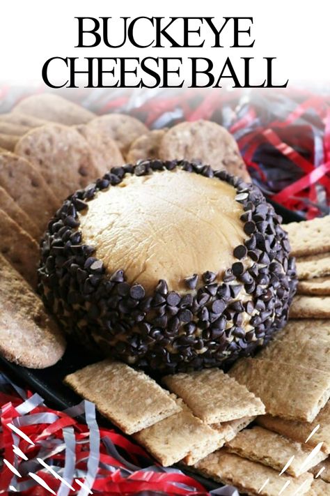 This Buckeye Cheese Ball is the largest buckeye you’ll ever see! Best served with graham crackers or apple slices #PBchocSat #gobucks #OSUvUM #thegame #Buckeyes #OhioState #thespiffycookie #cbusfoodbloggers #dessert Sugar Cookie Cutouts, Butter Spritz Cookies, Fruit Milkshake, Buckeye Balls, Graduation Party Desserts, Ball Recipes, Delicious Sweets, Milkshake Recipe, Spritz Cookies