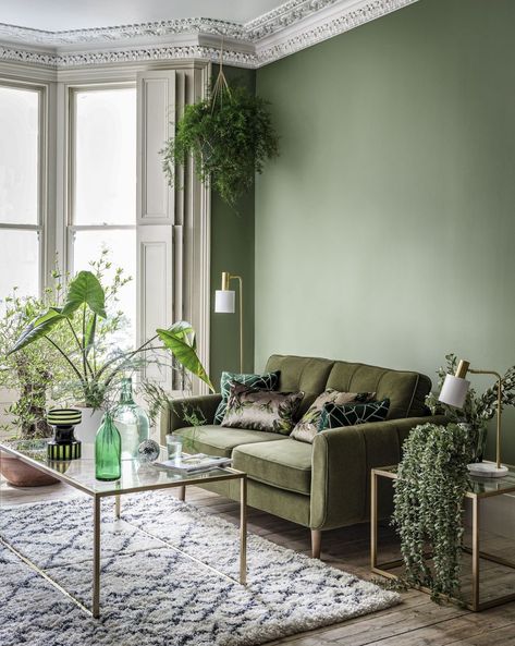 Green Sofa Living Room Wallpaper, Green Couch Green Wall, Sage Green Living Room, Green Walls Living Room, Green Sofa Living Room, Green Living Room Decor, Olive Green Walls, Green Lounge, Green Couch