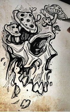 Cryptic Tattoo Ideas, Skull With Mushrooms Tattoo, Tattoo Sketches Unique Drawings, Sketch Skull, Skull Graffiti, Arte Occulta, Cool Tattoo Drawings, Skull Sketch, Skull Art Drawing