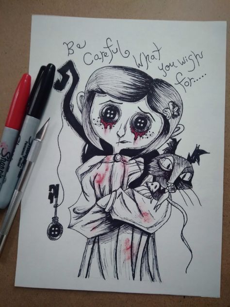 My Coraline drawing 😁 Tim Burton Art Coraline, Scary Coraline Drawings, Creepy Coraline Tattoo, Coralline Drawings Easy, Wybie Coraline Drawing, Coralline Drawings, Coraline Drawing Ideas, Coraline Cat Drawing, Coraline Art Drawings