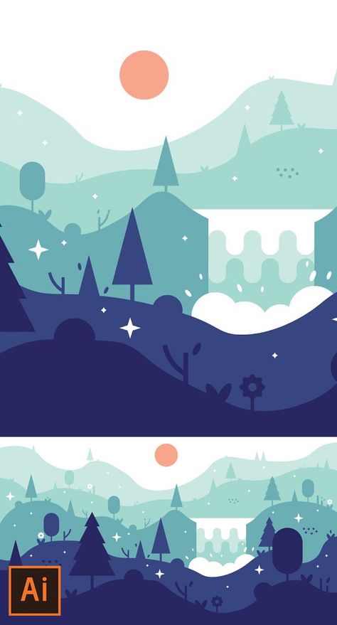 Illustrator Tutorial - Waterfall Landscape Flat Design (Illustrator Flat Design Tutorial) Landscape Flat Design, Illustration On Illustrator, Illustrator Illustration Vector, Illustrator Drawing Vector, Flat Landscape Illustration, Flat Illustration Tutorial, Simple Landscape Illustration, Vector Illustration Styles, Vector Illustration Background