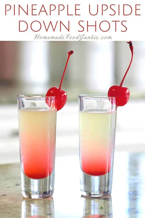 Cute and yummy. Pineapple Upside Down Cake shots are a light sweet layered shot perfect for a girls night or small gathering of friends. This recipe makes two tall shots. Pineapple Upside Down Shot, Pineapple Upside Down Cake Shot, Shots Alcohol Recipes, Cake Shot, Cake Shots, Cocktail Drinks Alcoholic, Shots Alcohol, Yummy Alcoholic Drinks, Mixed Drinks Alcohol