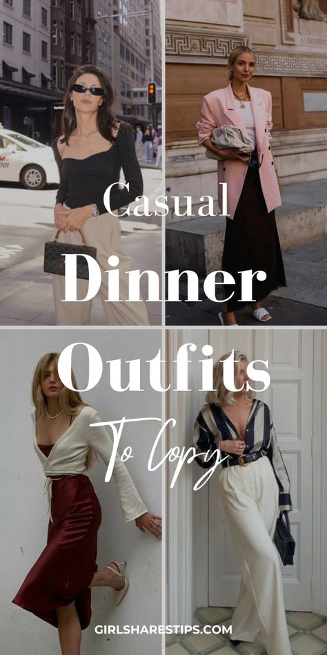 Discover 40+ effortlessly chic dinner date outfits that are casual yet classy and elegant. Perfect for an old money, expensive look that's stylish and trendy for spring, summer, fall, and winter. Whether it's Thanksgiving with friends, a girls' night out, dinner with colleagues, family gatherings, anniversaries, birthdays, Valentine's Day, Christmas parties, or just going out, these ideas have you covered! Dinner Date Classy Outfit, Summer Dinner Night Outfit, Dinner With His Family Outfit, Casual Classy Dinner Outfit, Date Night Outfit Chic, Dressy Lunch Outfit, Effortlessly Casual Outfits, Casual Ladies Night Outfit, Going Out Dinner Outfits Winter