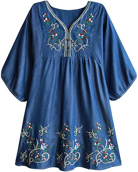 . Denim Dress Fall, Bohemian Embroidery, Very Short Dress, Floral Embroidery Dress, Dress With Embroidery, Long Tunic Tops, Flowy Mini Dress, Hippy Chic, Fashion Corner