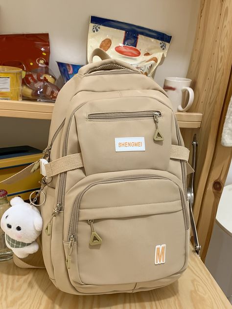 Khaki  Collar  Polyamide Plain Classic Backpack Embellished   Women Bags Korean Bag Backpacks, Mochila Shein, Mochila Aesthetic, Aesthetic School Bag, Korean Bags, Korean Bag, Cute School Bags, Stylish School Bags, Aesthetic Backpack