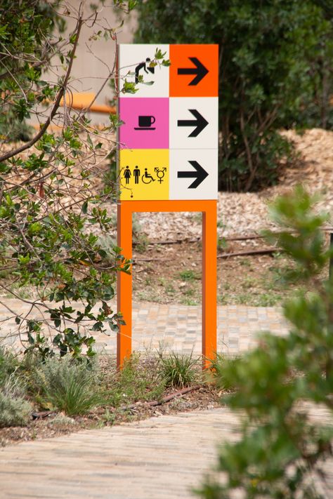 Wayfinding And Signage, Sinages Design, Signage Colorful, Signage Design Outdoor Creative, Directional Signage Design, School Signage Design, Park Signage Design, Colorful Signage, Way Finding Signage