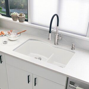 Elkay Quartz Classic 33" L x 22" W Double Basin Undermount Kitchen Sink | Wayfair Low Partition, Double Sink Kitchen, White Undermount Kitchen Sink, Double Bowl Undermount Kitchen Sink, Granite Composite Kitchen Sink, Silgranit Sink, Granite Composite Sinks, Double Kitchen Sink, White Kitchen Sink