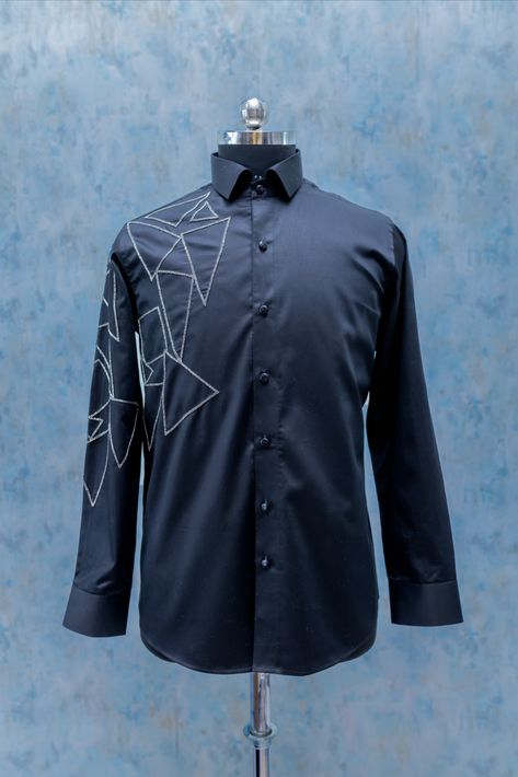 Black embroidered geometric pattern party shirt for mens, Designer Vestidoz by Renu-Ka-Shivam, This shirt is suitable for all kind of parties, weddings. Nature, Shirts With Embroidery For Men, New Shirt Design For Men Formal, Party Wear Shirts For Men, Shirts For Men Designer Formal, Mens Embroidered Shirt, Unique Mens Dress Shirts, Nice Outfits For Men, Formal Shirt Design