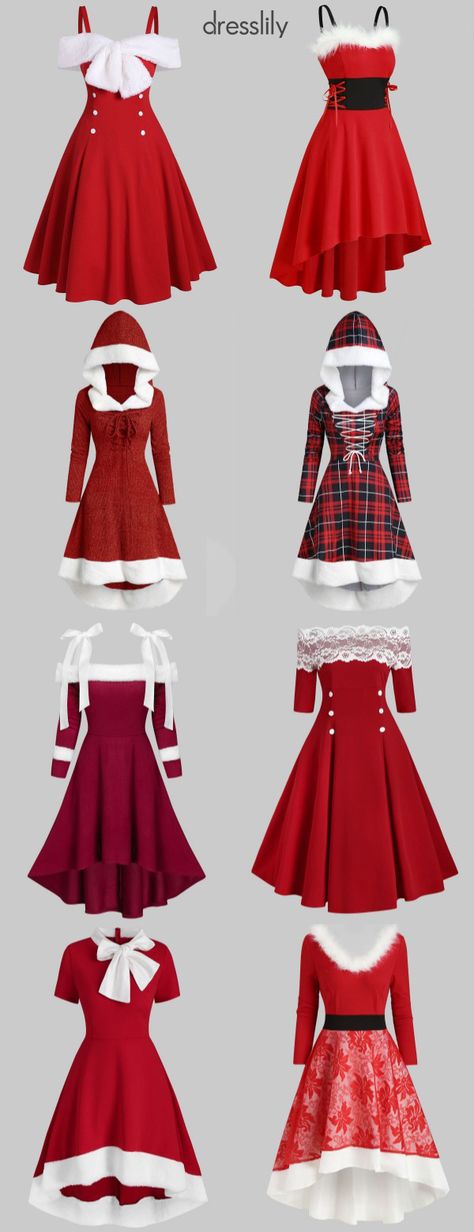 Christmas Red Dress Women, Christmas Fancy Dress Ideas Women, Mrs Clause Outfits, Christmas Outfit Ideas Drawing, Christmas Clothes For Women, Christmas Clothes Ideas For Women, Diy Christmas Dress For Women, Red Dress For Christmas Party, Fancy Christmas Dress