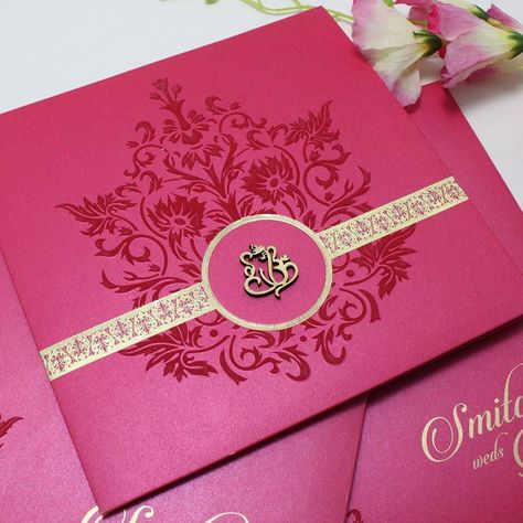 Magenta colour card in #goldfoil strip and #lasercut religious logo. Wedding Card Indian, Indian Invitation Cards, Magenta Colour, Hindu Wedding Invitation Cards, Shadi Card, Wedding Card Design Indian, Indian Wedding Invitation Card Design, Marriage Invitation Card, Hindu Wedding Invitations