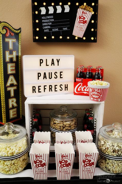 At Home Popcorn Station, Popcorn Bar Movie Night, Diy Movie Birthday Party Ideas, Movie Night Popcorn Bar, Netflix And Chill Birthday Party, Movie B Day Party Ideas, Movie Party Food Ideas, School Dance Food Ideas, Teen Movie Night Birthday Party Ideas