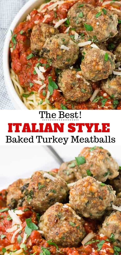 You’ll love how easy it is to make Italian style baked turkey meatballs. These are the best and actually healthy too! Browned evenly as they bake in the oven, you’ll bring perfect meatballs to the table every time. This is a delicious dinner that the whole family will enjoy - even the picky kiddos! Meatball Recipes Ground Turkey, Beef Turkey Meatballs, Ground Beef And Turkey Meatballs, Quick Turkey Meatballs, Recipes For Turkey Meatballs, Easy Turkey Meatball Recipes, Meatball Turkey Recipes, Homemade Turkey Meatballs Healthy, Healthy Baked Meatballs