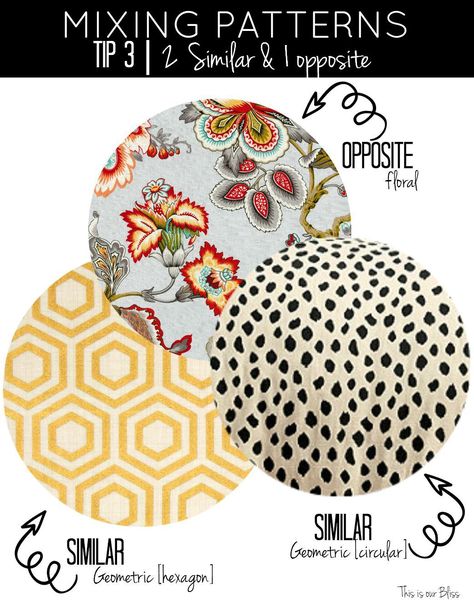 How to mix patterns - mixing patterns - tip 3 - similar and opposite - geometric vs floral - This is our Bliss Patchwork, Mixing Fabrics Patterns, Mixing Patterns Fashion, Mixing Prints Fashion, Mixing Patterns, How To Mix, Design Textile, Furniture Factory, Pattern Play