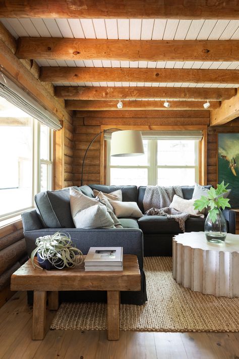 Log Cabin Renovation, Modern Cabin Interior, Cozy Cabin Decor, Log Home Interior, Modern Log Cabin, Cabin Renovation, Cabin Interior Design, Log Cabin Living, Cabin Living Room