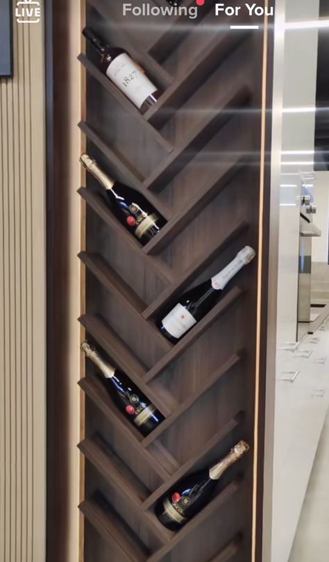 In Wall Wine Rack Built Ins, Wine Rack In Bar, Wine Area Ideas Small Spaces, Wine Bottle Storage Ideas, Wall Wine Rack Ideas, Mini Wine Bar, Wine Rack Kitchen, Wine Cabinet Design, Wine Wall Display