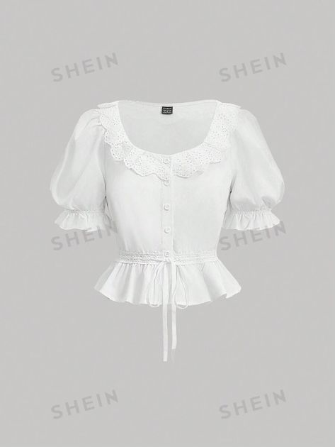 SHEIN MOD Women'S Short Sleeve Ruffle Hem Blouse | SHEIN USA Business Fashion, Folklore Inspired Outfits, Frilly Top, Ruffle Hem Blouse, White Peplum, Hem Blouse, Princess Outfits, Women Blouses, White Casual