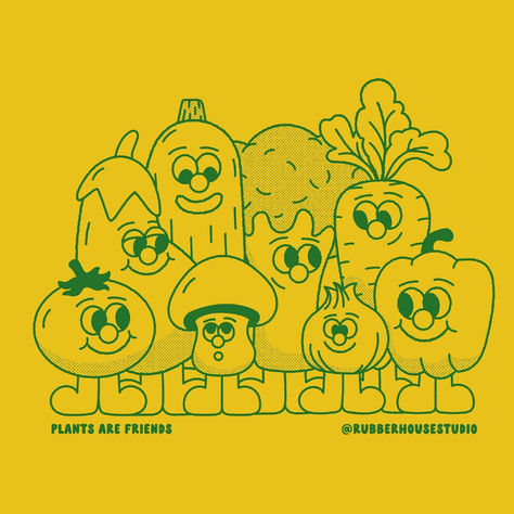 Vegetable cartoon character illustrations by Rubber House Studio Logos, Plant Mascot Design, Cute Vegetables Cartoon, Food Characters Illustration, Mushroom Cartoon Character, Character Design Illustration Vector, Veggie Branding, Food Character Illustration, Vegetable Character Design