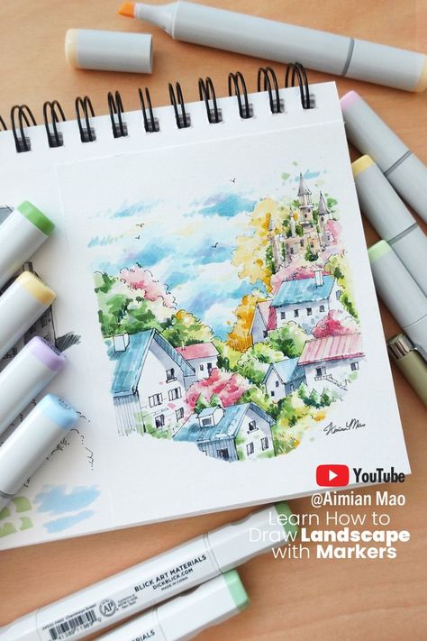 Croquis, Architecture Drawing Art Buildings, Markers Drawing Tutorial, Markers Drawing Architecture, Landscape Markers, Marker Tutorial, Draw Landscape, Copic Marker Drawings, Art Buildings