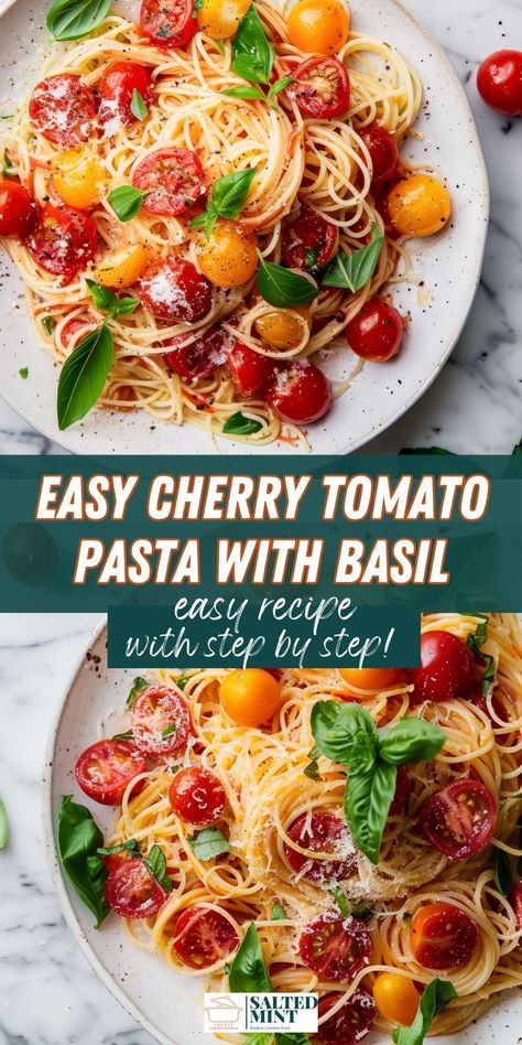 Enjoy a delicious and easy cherry tomato pasta in just 15 minutes! With only 5 ingredients, including fresh tomatoes and basil, it's the perfect healthy dinner. Pasta With Burst Cherry Tomatoes, Fresh Cherry Tomato Pasta Sauce, Healthy Tomato Basil Pasta, Easy Cherry Tomato Pasta, Basil Cherry Tomato Pasta, Spaghetti With Cherry Tomatoes And Basil, One Pan Tomato Feta Pasta, Cherrie Tomato Recipes, Pasta Cherry Tomatoes Basil